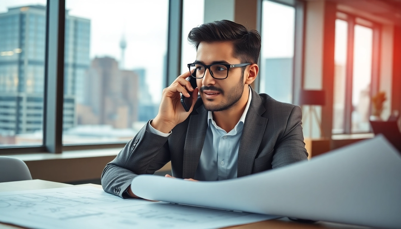 Headhunter Ingenieure in einem modernen Büro, mit technischen Zeichnungen umgeben.