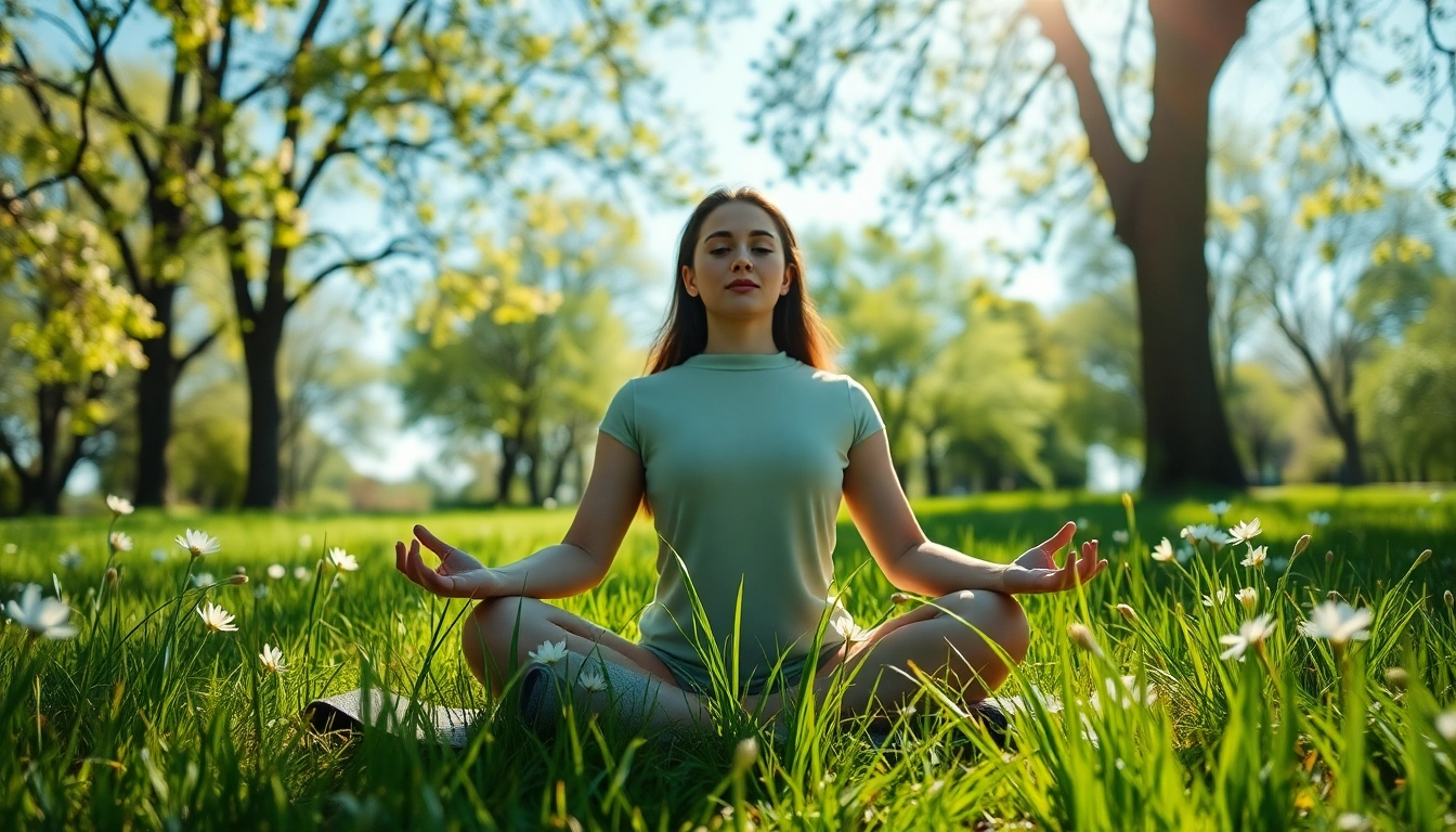 Emphasizing emotional wellbeing, a serene individual meditates in a peaceful park surrounded by nature.