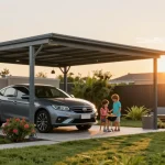 Moderne Carports bieten Schutz für Fahrzeuge und sind Teil eines einladenden Gartens.