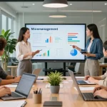 Strategische Sitzung zu micromanagement chef in modernem Büro mit vielfältigem Team, das Daten präsentiert.